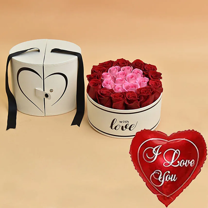 Pink & Red Roses Love For Valentine With I Love You Balloon