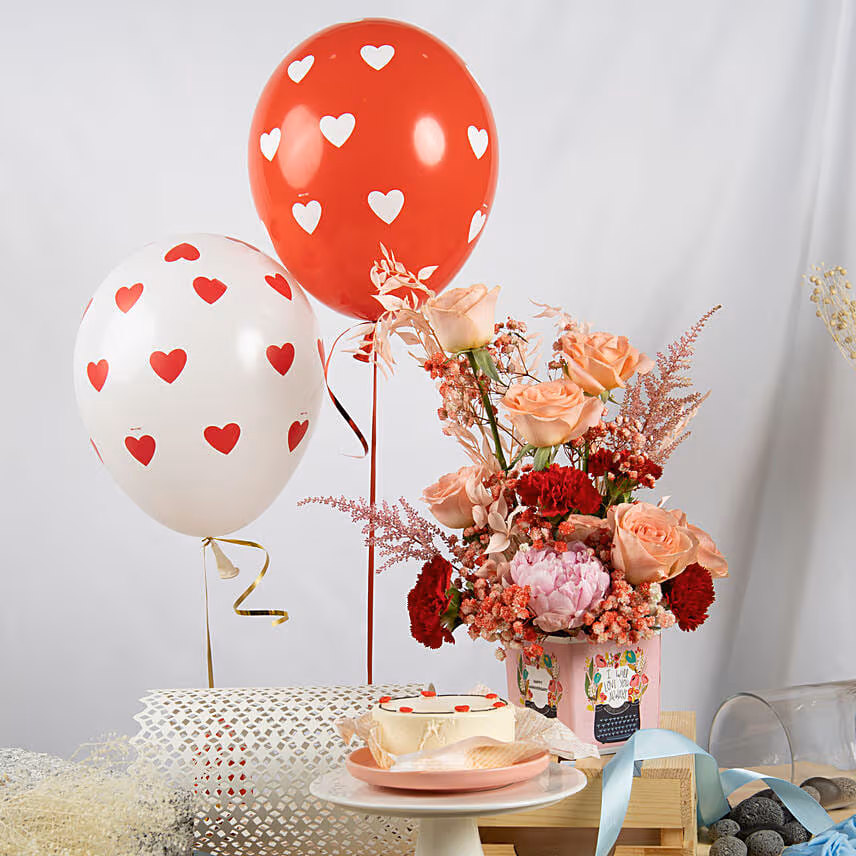 Anniversary Love Flower with Cake and Balloons