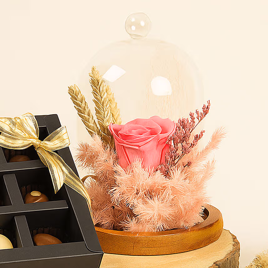 Pink Forever Rose and Assorted Chocolate Box