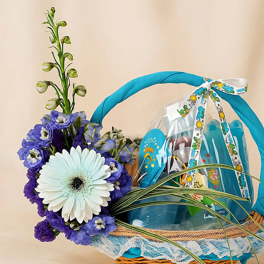 Lucky Baby Feed Essential Blue Basket with Flowers
