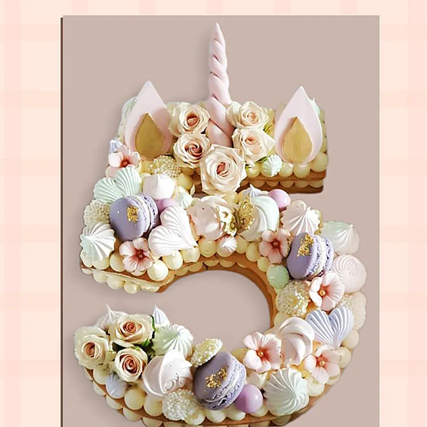 Number 5 Macarons Artificial Flowers Cake