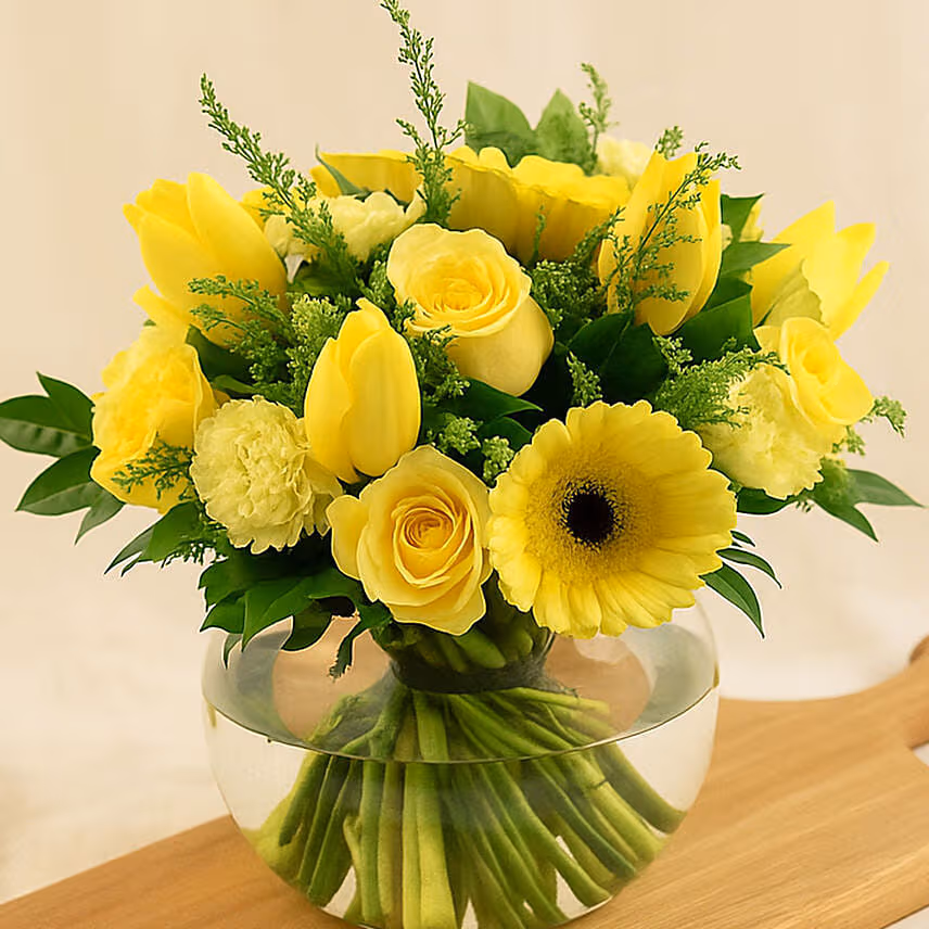 Bright Mixed Flowers Fish Bowl Vase