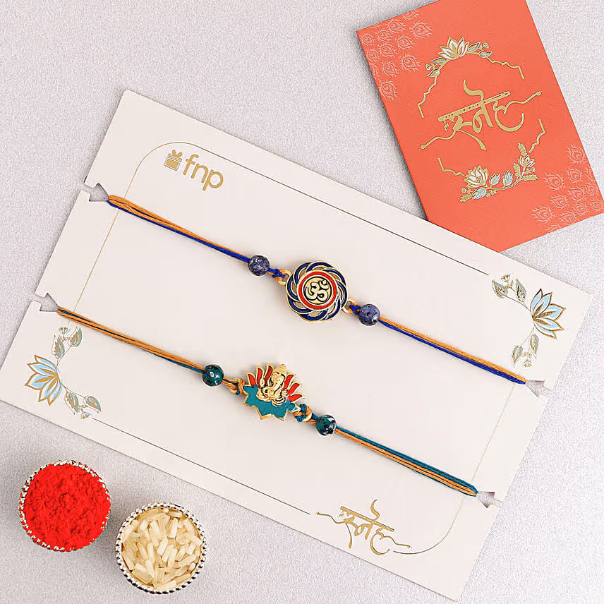 Vibrant Ganesh and Om Rakhi Duo N Rasgulla Delight