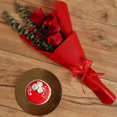 Elegant Red Roses Bouquet with Designer Chocolate Mono Cake Combo