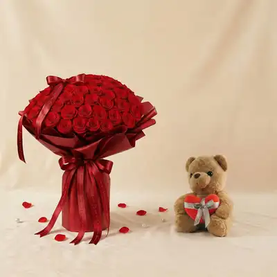Mesmerizing 111 Red Roses Bouquet - With Teddy