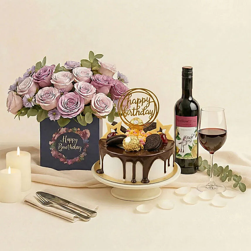 Birthday Gift Set - Roses Cake and Wine