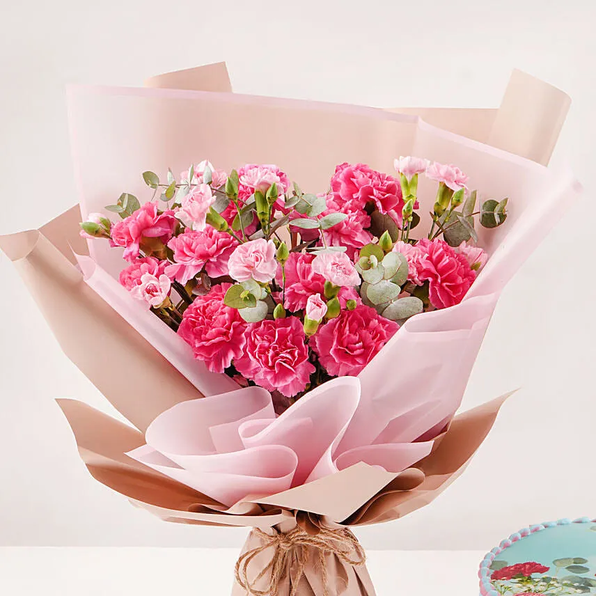 Birthday Wish Carnations Bouquet And Cake