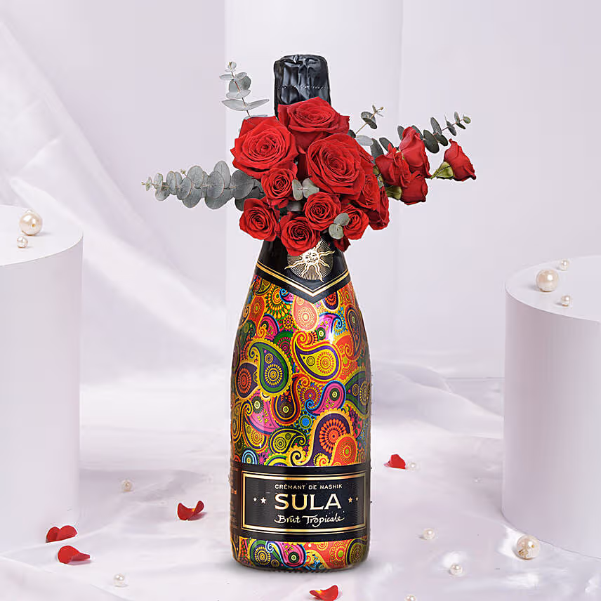 Wine & Red Roses Combo
