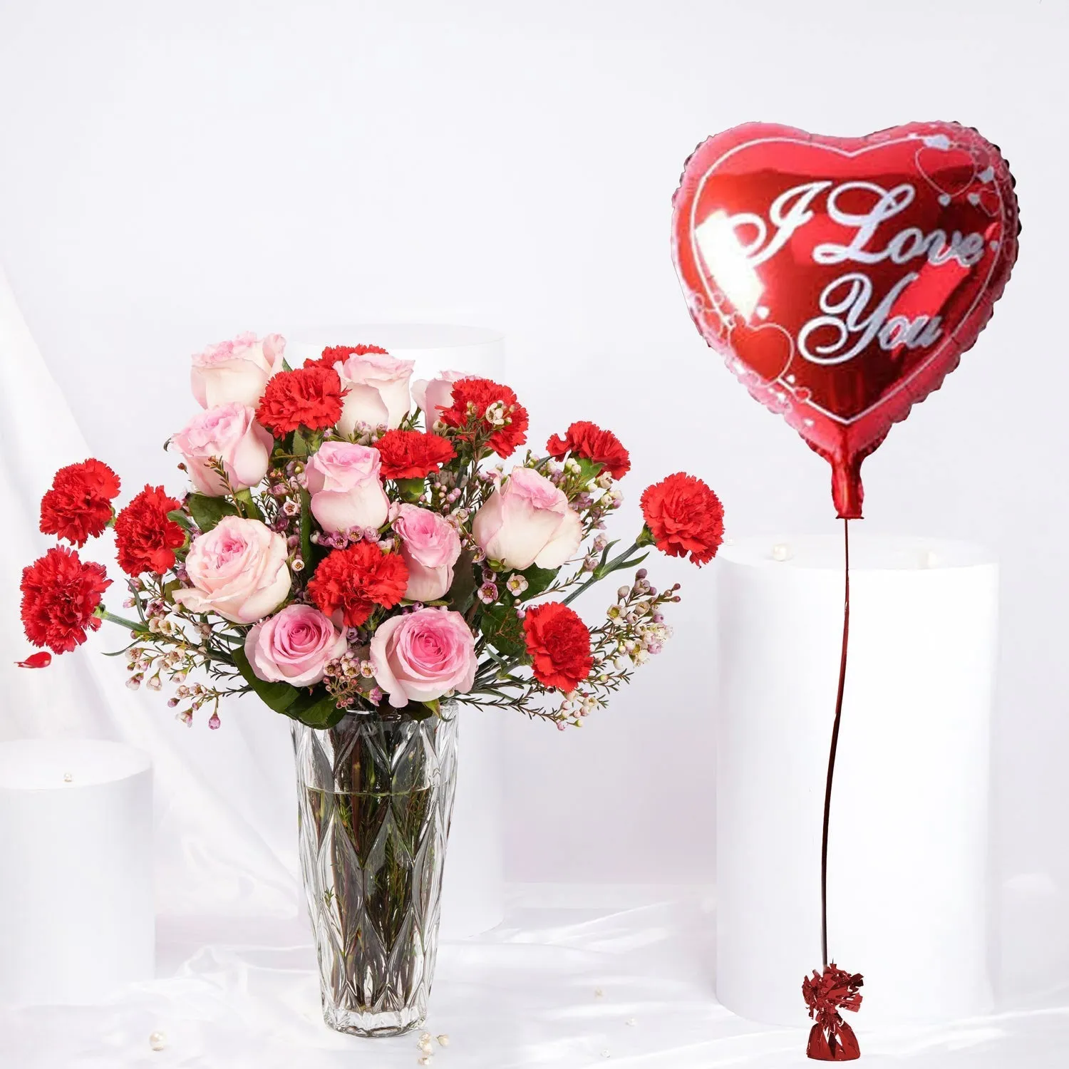 Romantic Valentine Combo: Pink Roses, Red Carnations & Heart Balloon