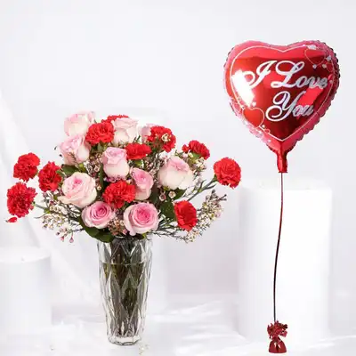 Romantic Valentine Combo: Pink Roses, Red Carnations & Heart Balloon