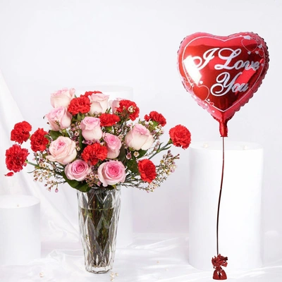 Romantic Valentine Combo: Pink Roses, Red Carnations & Heart Balloon