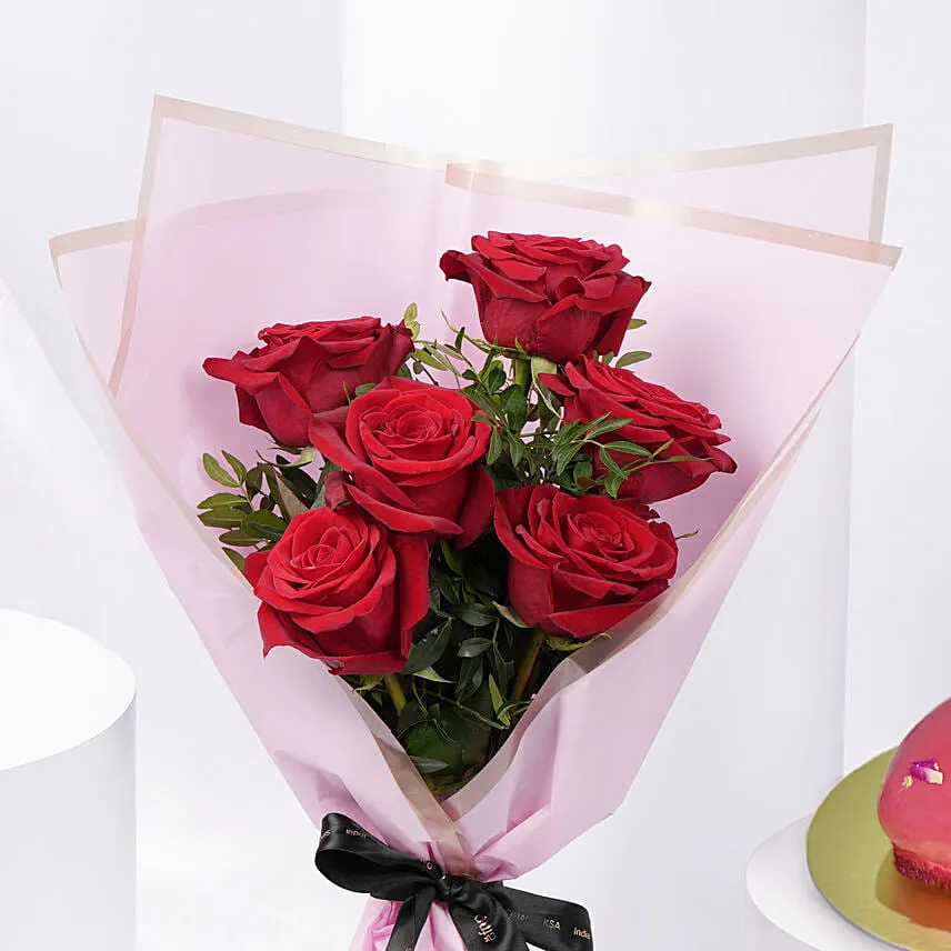 Valentines 6 Roses and Heart Cake Combo