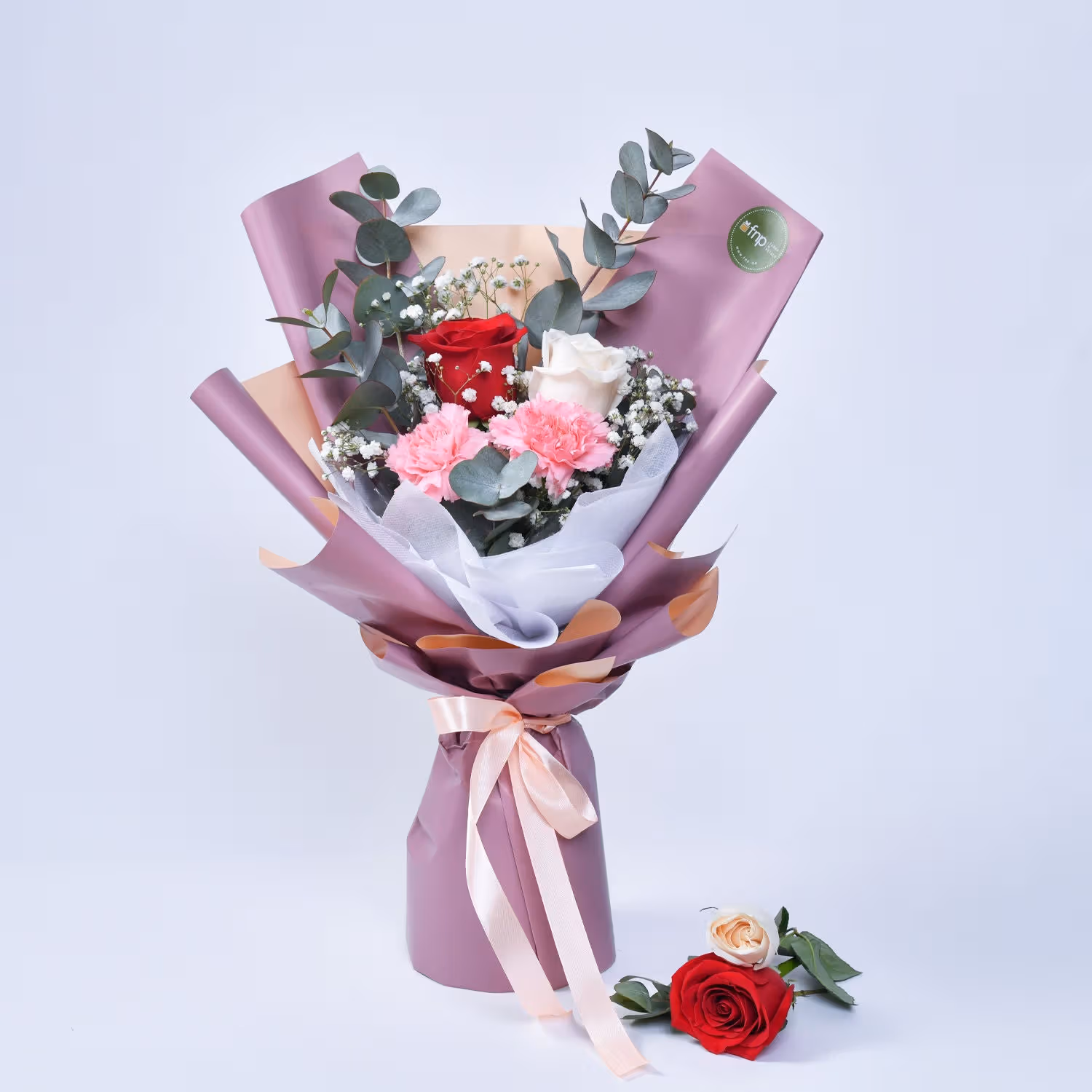 Elegant Flower Trio with Delightful Fresh Fruit Cake