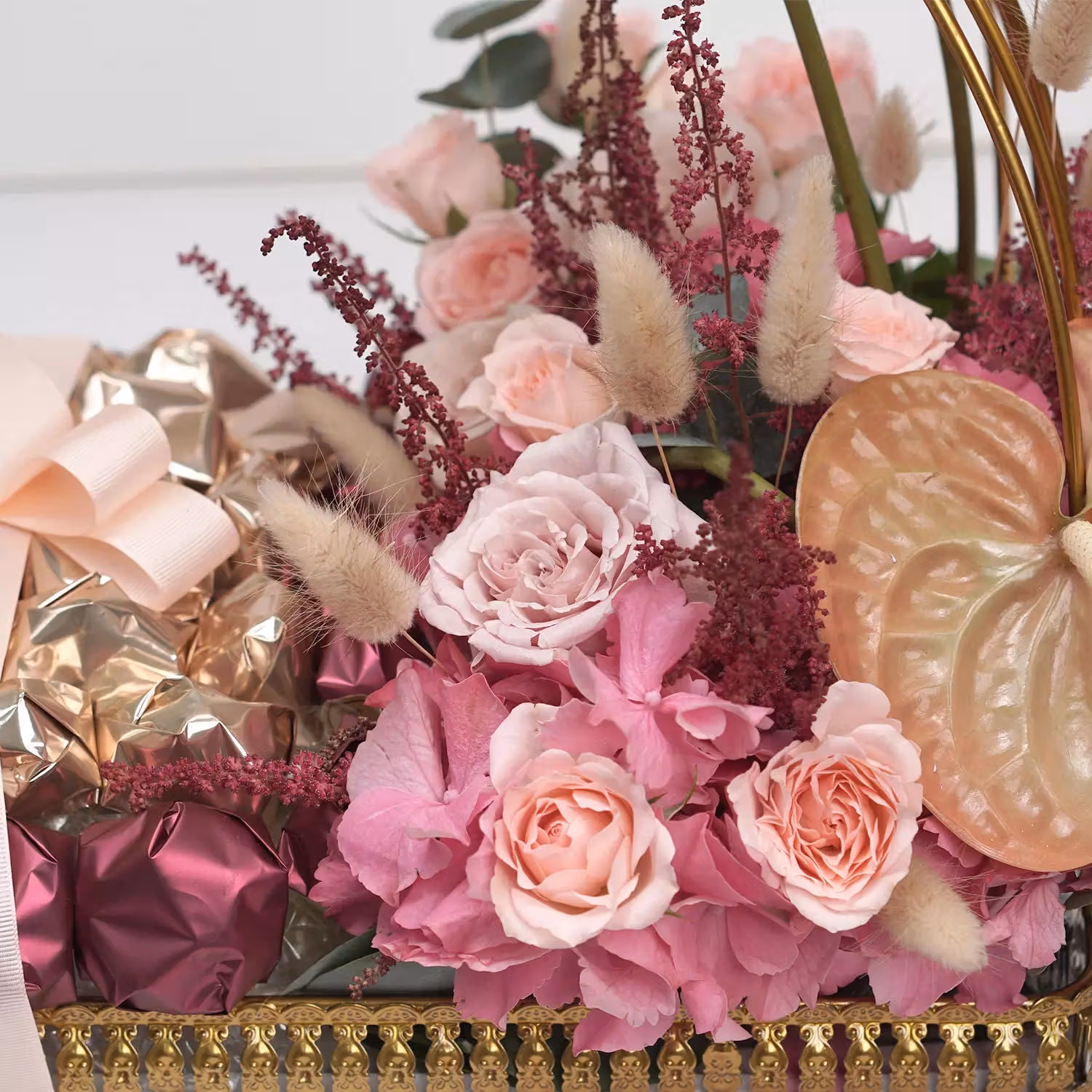 Elegant Mixed Flowers & Gourmet Chocolates in a Decorative Cage