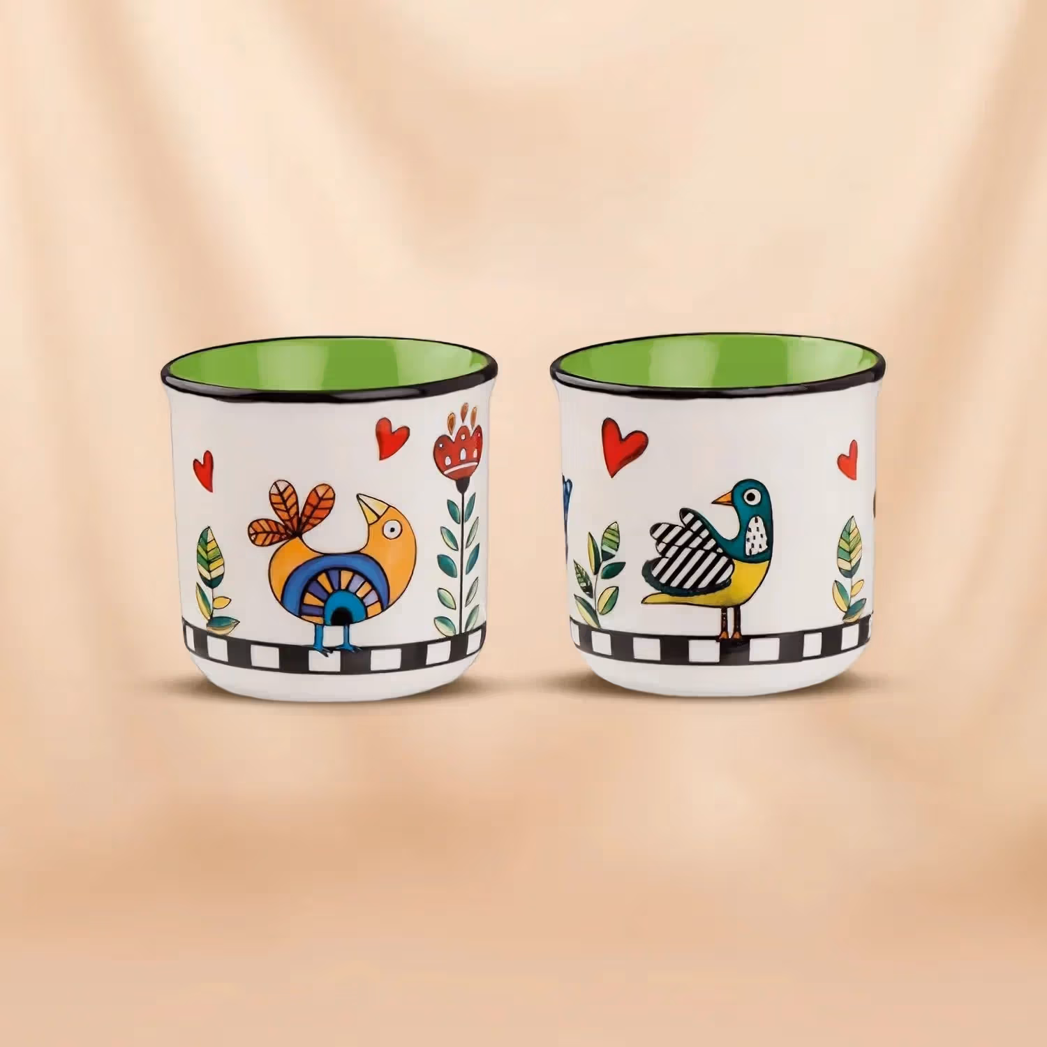 Egan Cocorico Green Moka Coffee Maker Set with 2 Artistic Mini Mugs & Tray - Embrace Italian Elegance