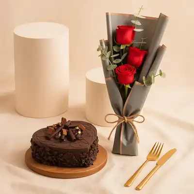 Elegant Red Roses Bouquet and Decadent Chocolate Cake Combo