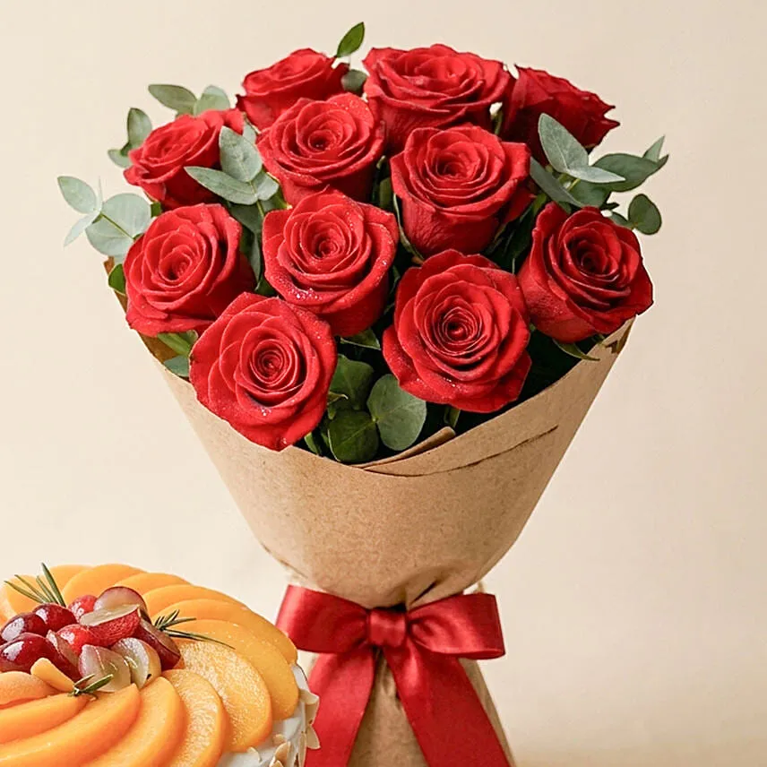 Flowers with Cake Bundle: Fruit Cake & Red Roses