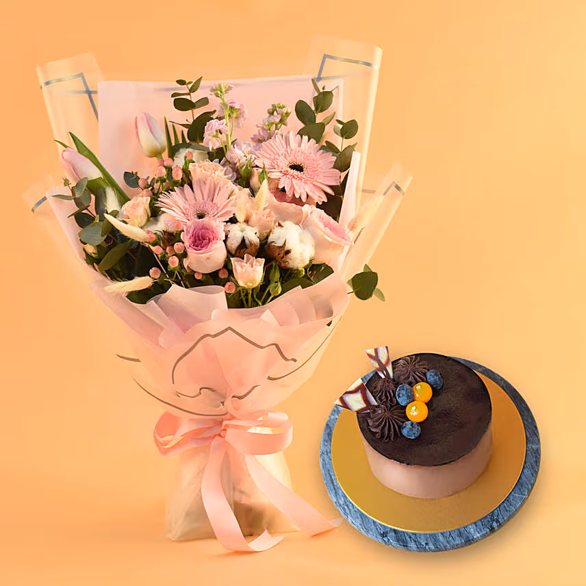 Majestic Blooms Bouquet with Chocolate Cake