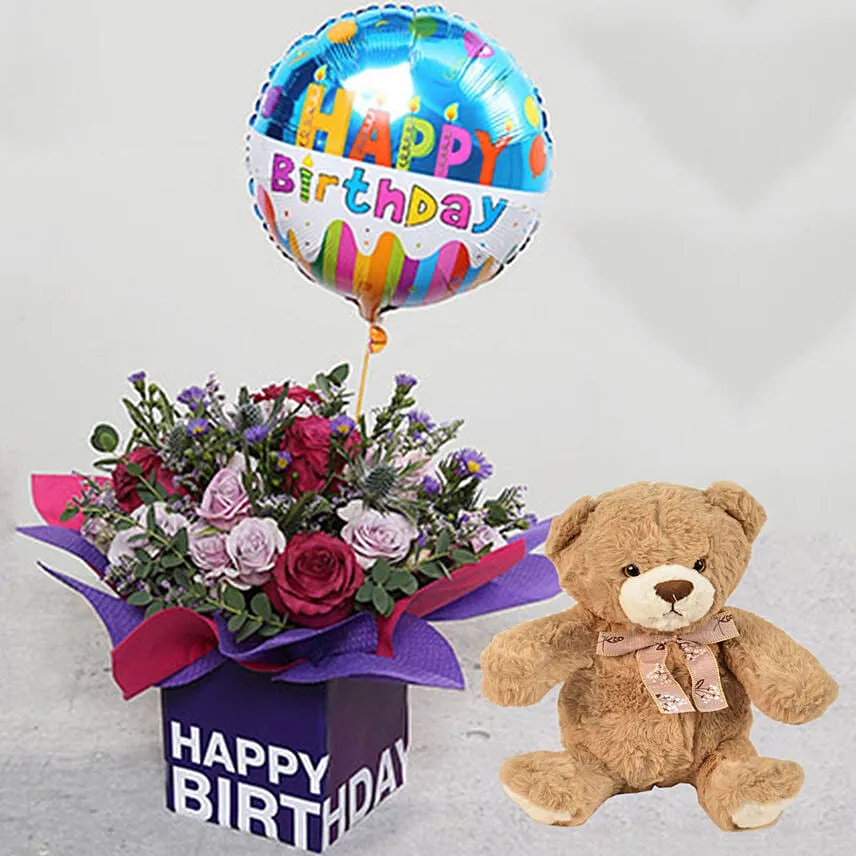 Birthday Flower Arrangement With Teddy Bear