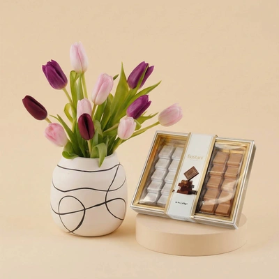 Pink & Purple Tulip Vase - With Bostani Chocolate