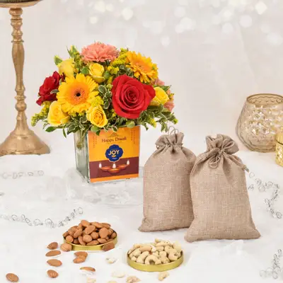 Sparks of Joy Deepavali Flower Arrangement with Almonds and Cashews