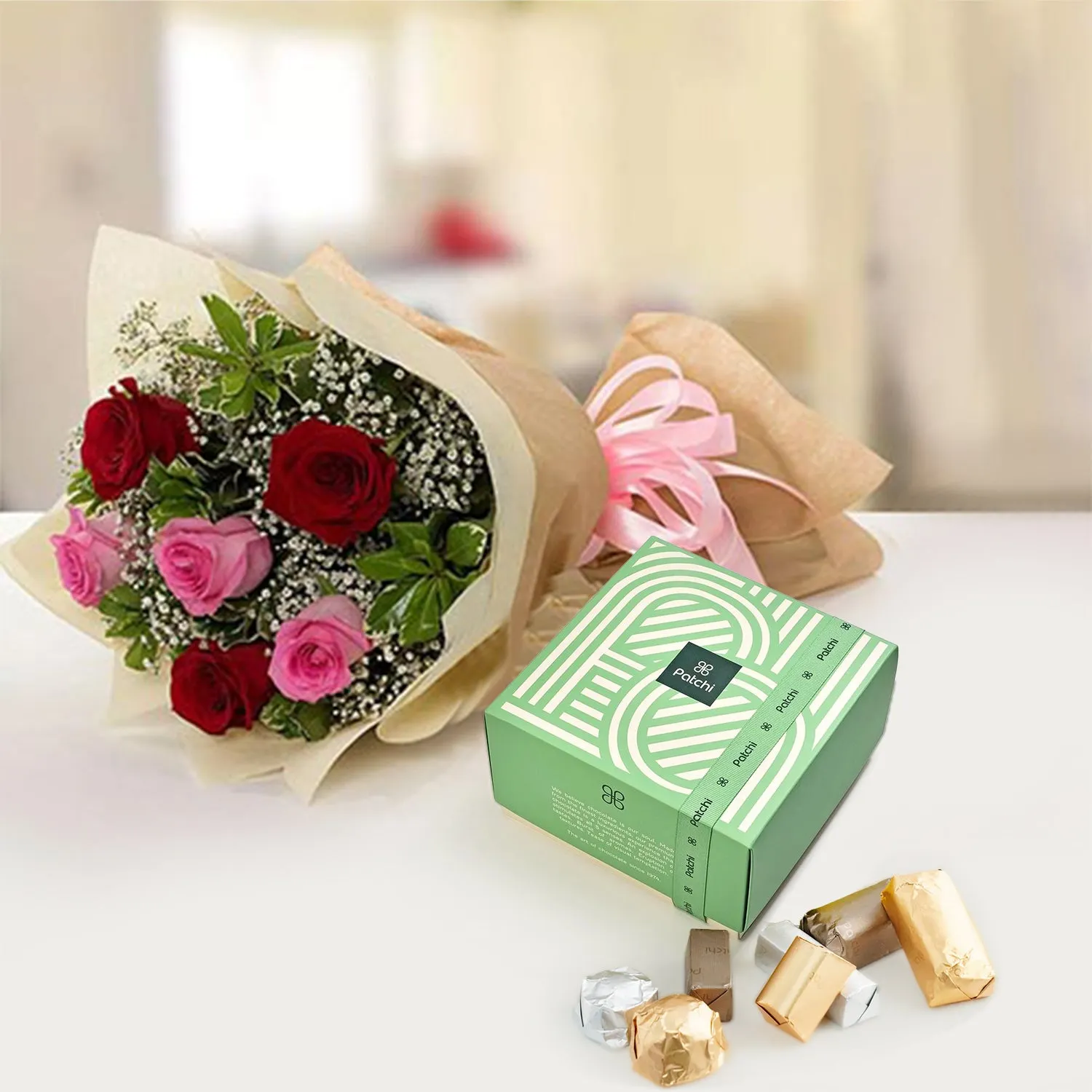 Red And Pink Roses Bunch & Patchi Chocolates