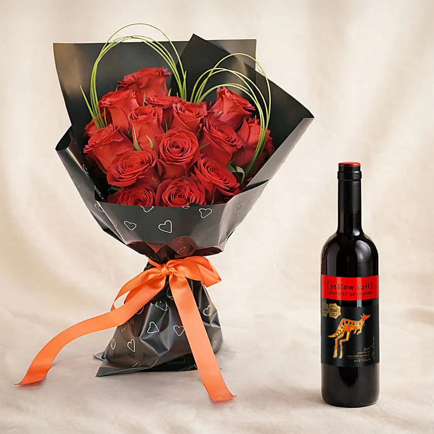 15 Red Roses Bouquet for Valentines with Wine