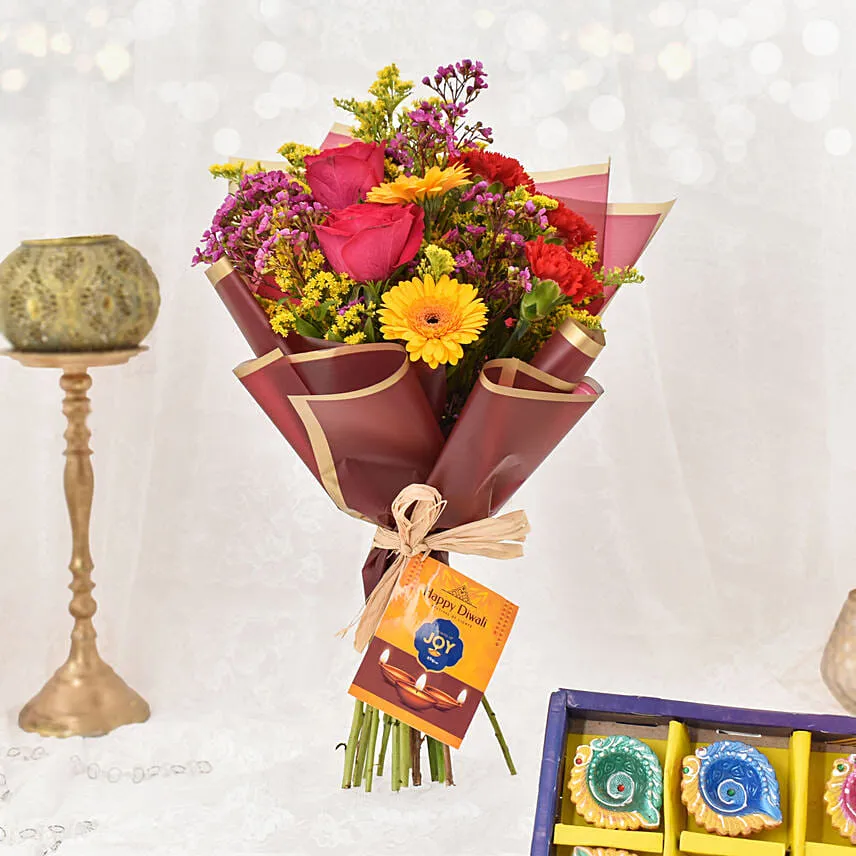 Sparks of Joy Diwali Flower Bouquet and Diyas