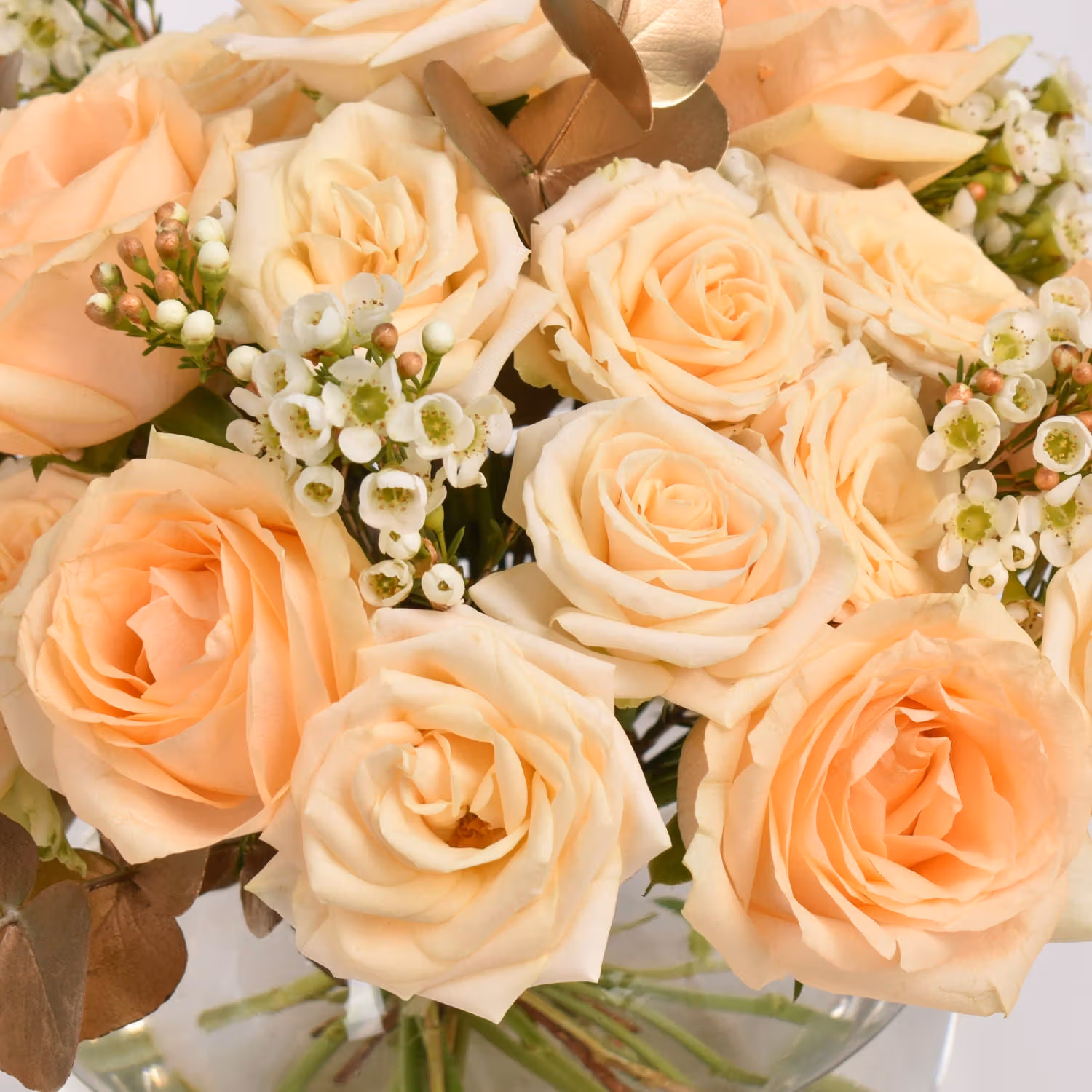 Elegant Peach Roses Table Centerpiece in Glass Bowl