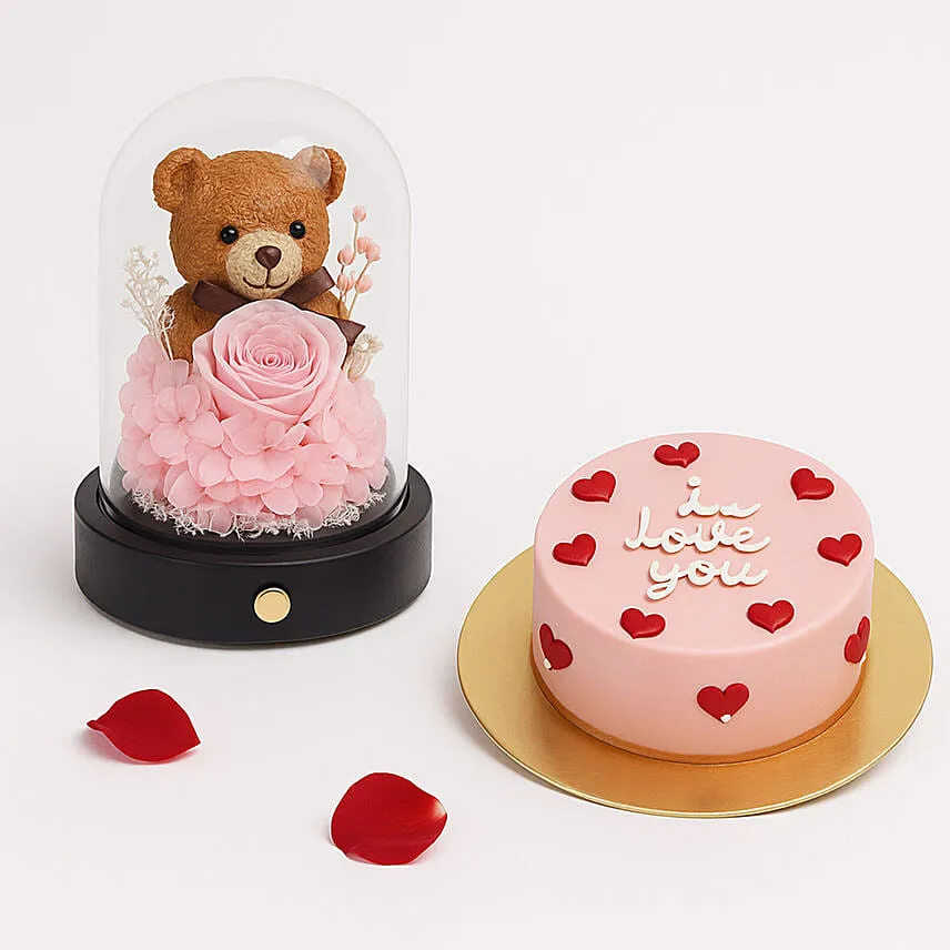 Forever Rose & teddy Dome with Cake