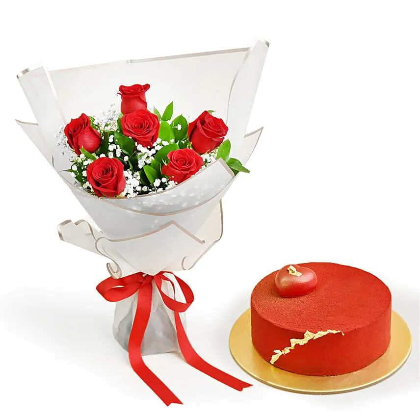 6 Red Rose Beauty Bouquet With Cake