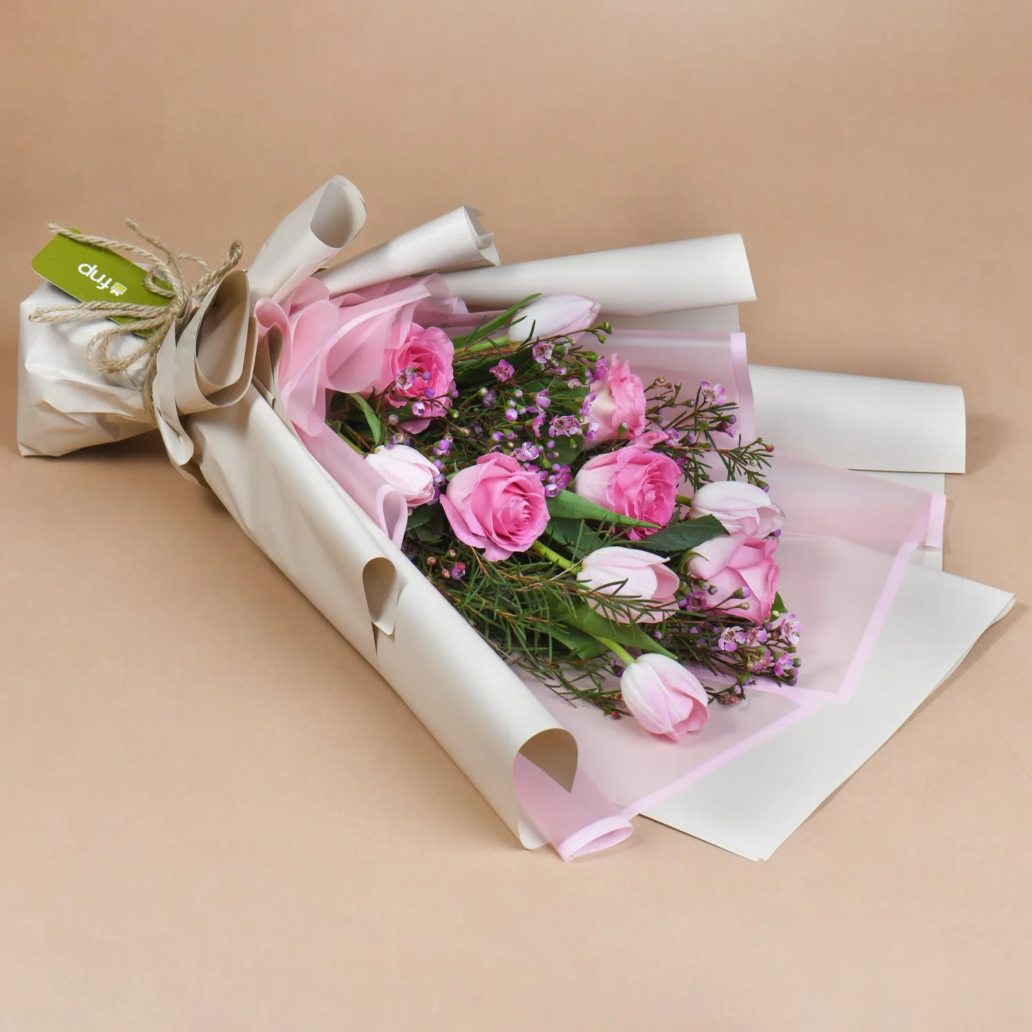 Elegant Blushing Rose & Tulip Bouquet Delight