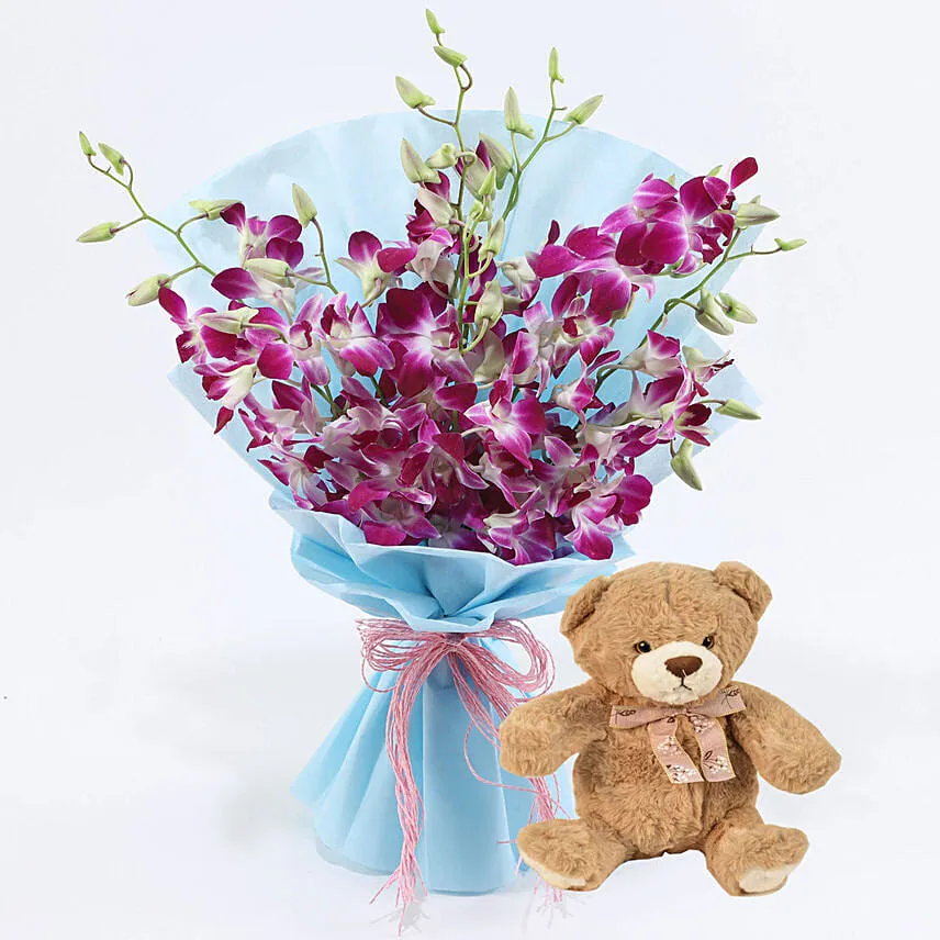 Purple Orchids With Teddy Bear