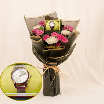باقة ورد زهرية مع ساعة اسبيريت نسائية