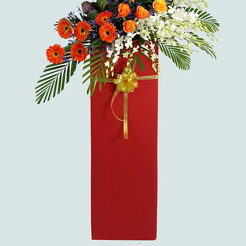 Beautiful Mixed Flowers Red Cardboard Stand