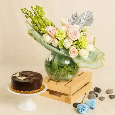 Forest Breeze Flowers Arrangement and Cake Combo