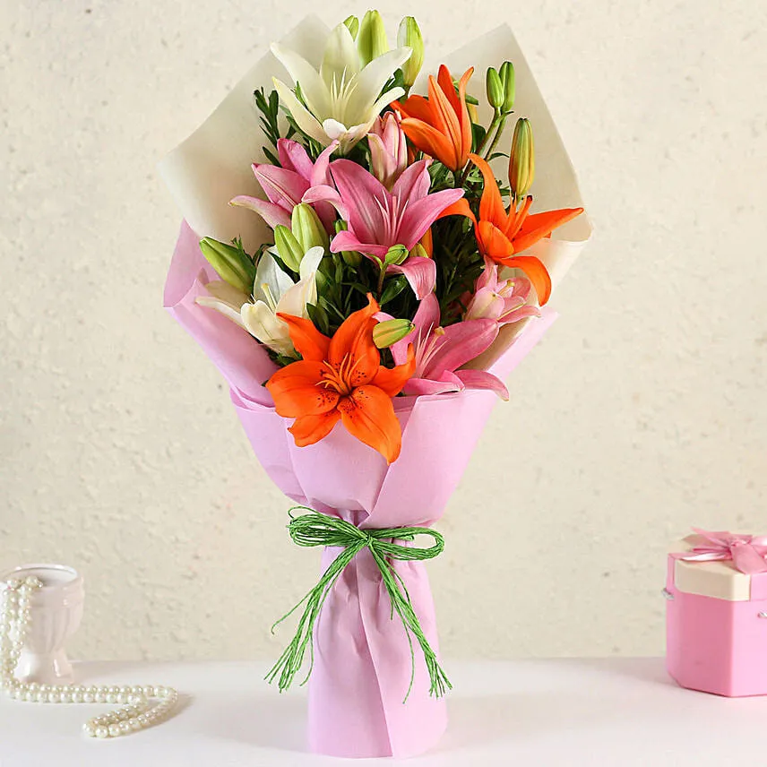 Attractive Mixed Asiatic Lilies Bunch with Birthday Balloon