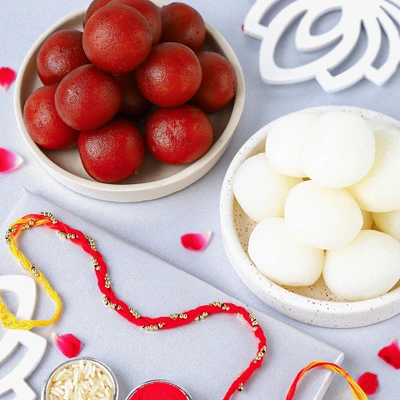 Sacred Beadwork Mauli Rakhi and Sweets Combo Gift Set