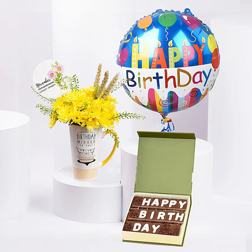 Yellow Chrysanthemum Flower Birthday Mug With Chocolate N Balloon