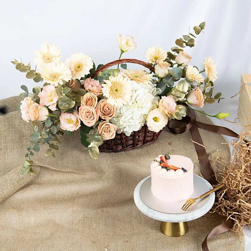 Fuzzy and Beautiful Flowers Basketwith Cake