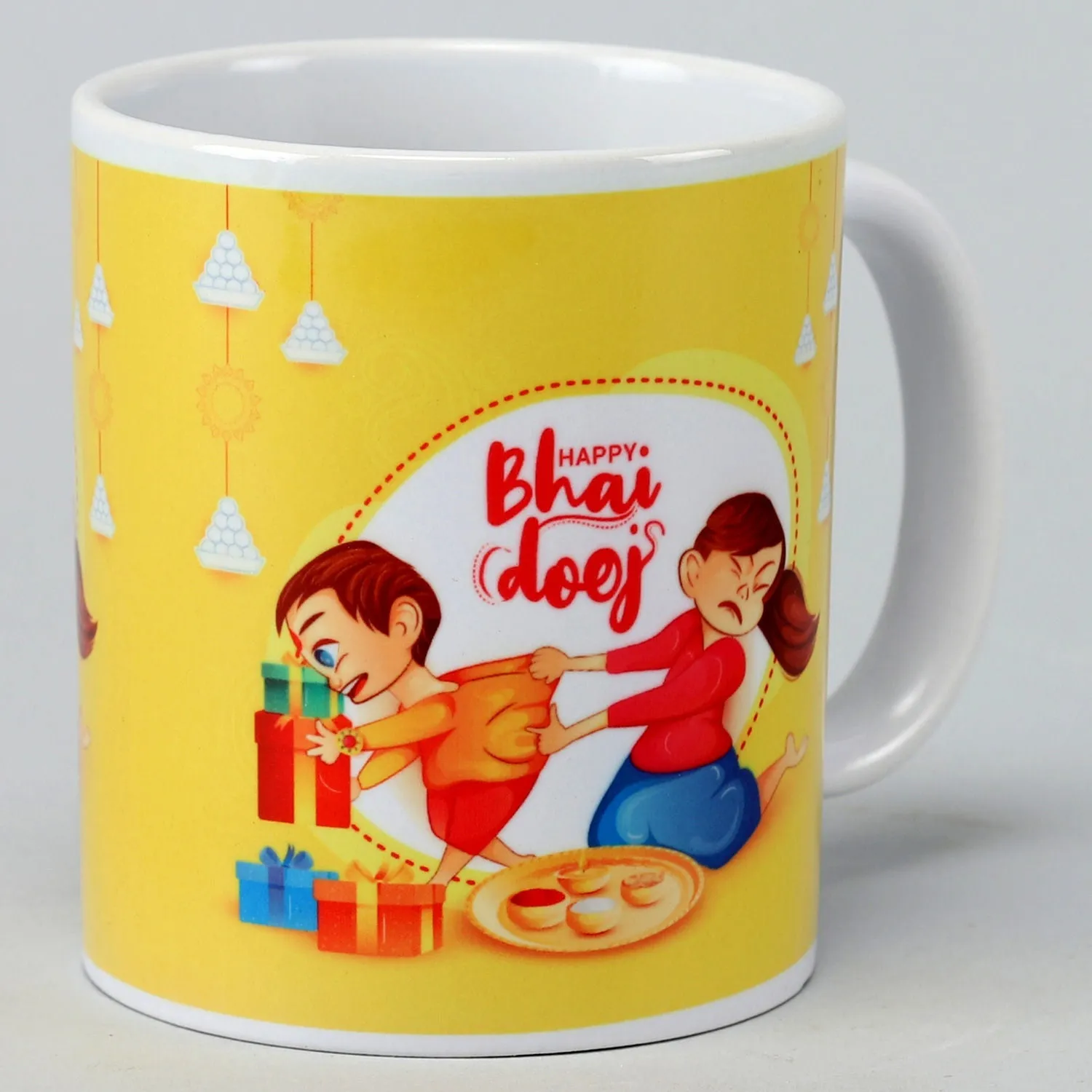 Bhai Dooj Special Ceramic Mug with Festive Print - Perfect Gift for Siblings