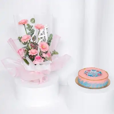Elegant Pink Flower Bouquet with Delicious Mother's Day Cake