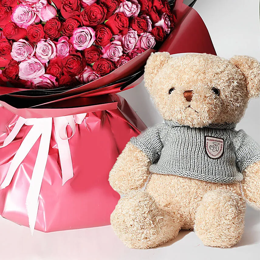 Teddy and 200 Roses Special Bouquet