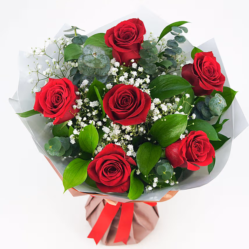 Bunch Of Beautiful 6 Red Rose with I Love You Balloons for Valentine