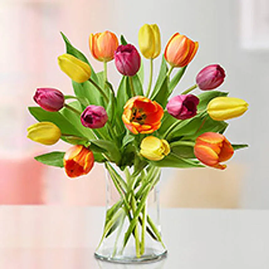 Heavenly 15 Multicoloured Tulips Vase Add