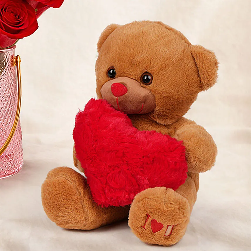 Valentines Roses Elegance Vase with Teddy