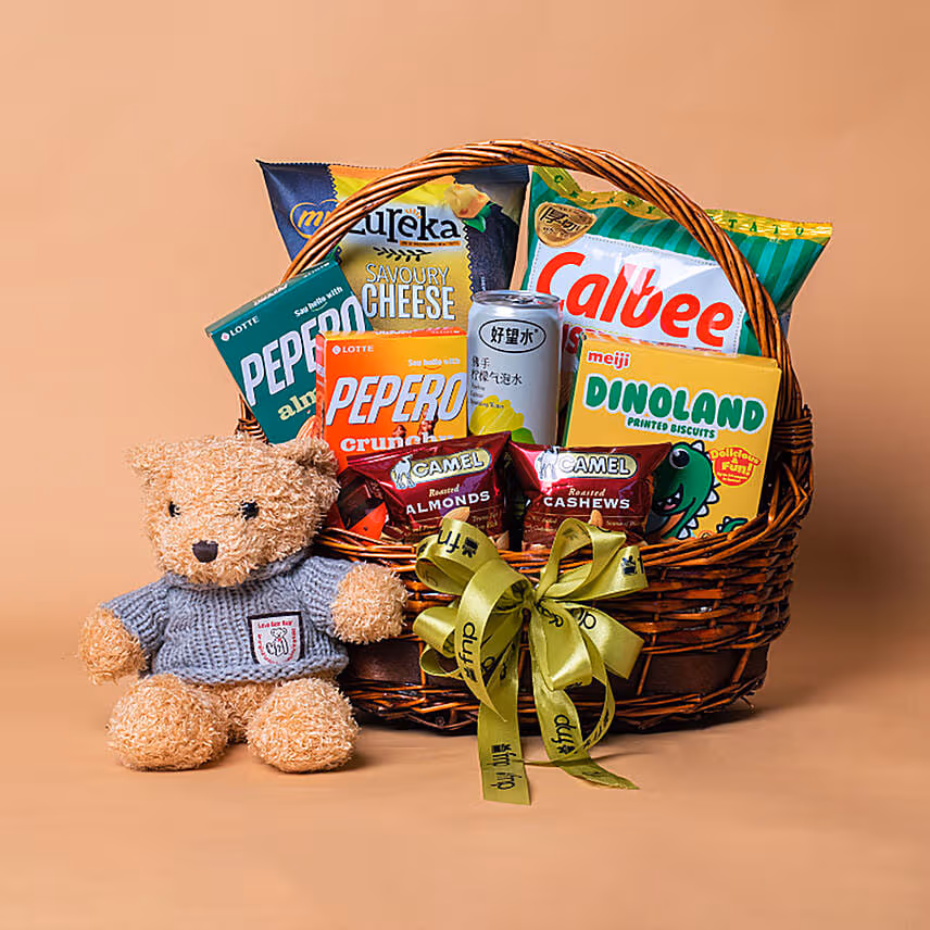 Snacks Treats Basket With Teddy