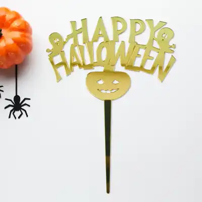 Golden Happy Halloween Cake Topper with Pumpkin Design
