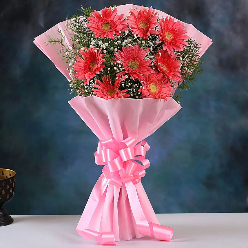 Pink Marvel Gerbera Blossoms with Birthday Balloon
