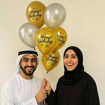 بالونات عيد ميلاد أنيقة باللونين الفضي والذهبي - مجموعة مملوءة بالهيليوم
